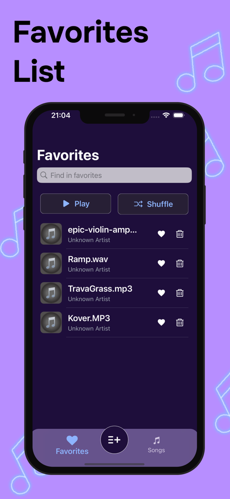 Just Music Player - JMP - Pantalla de la lista de favoritos de Just Music Player JMP que muestra una colección de archivos de audio offline con opciones de reproducción y aleatoria