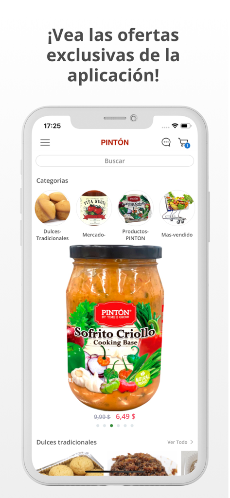 Pantalla de la aplicación móvil PINTON mostrando categorías de Sofrito Criollo y comida tradicional