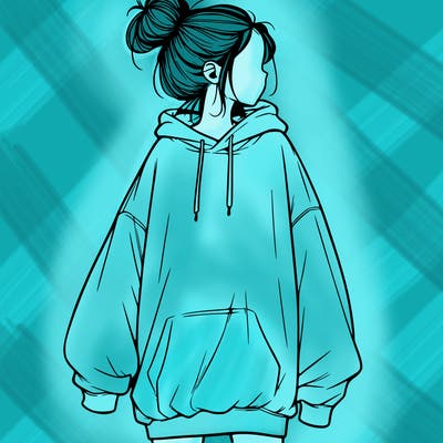 realistic girl with a oversized sweatshirt on and a bun