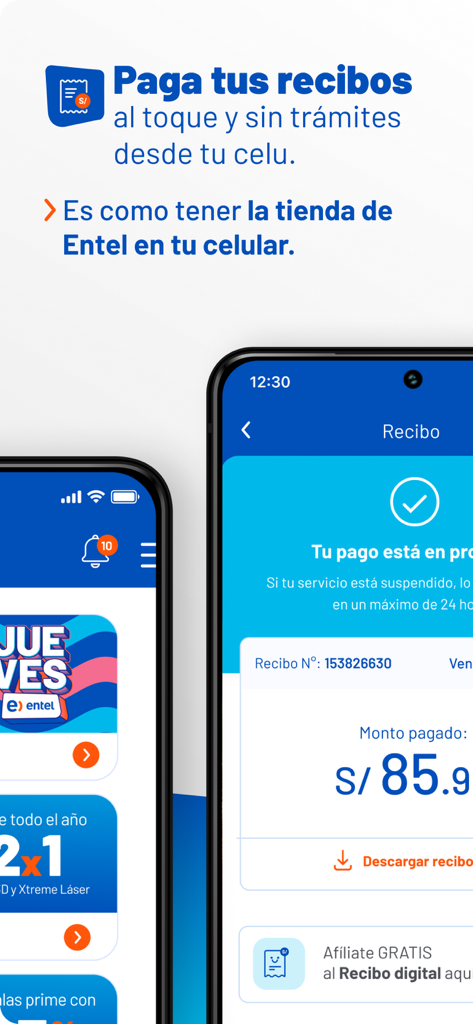 Interfaz de la app Mi Entel Peru que muestra el estado de pago de facturas y el recibo digital en un smartphone.