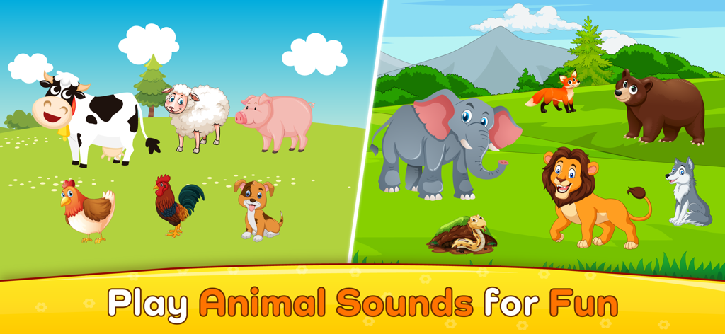Baby Piano: Fun Music Games - Educational game screen featuring various farm and wild animals for kids