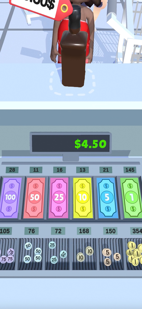 A cash register drawer with colorful paper money and coins in a supermarket simulator game