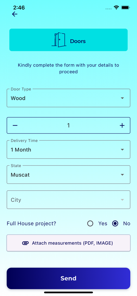 Quotation | كوتيشن - Quotation app screen showing a door service request form with wood type selection and file attachment option