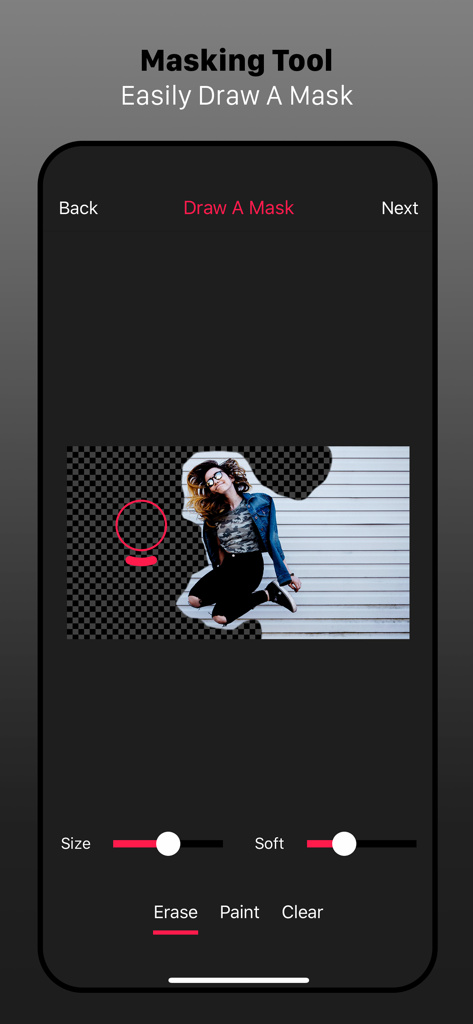 Interface of the masking tool in the Freeze Frame Intro Movie Maker app showing a user isolating a jumping woman from the background