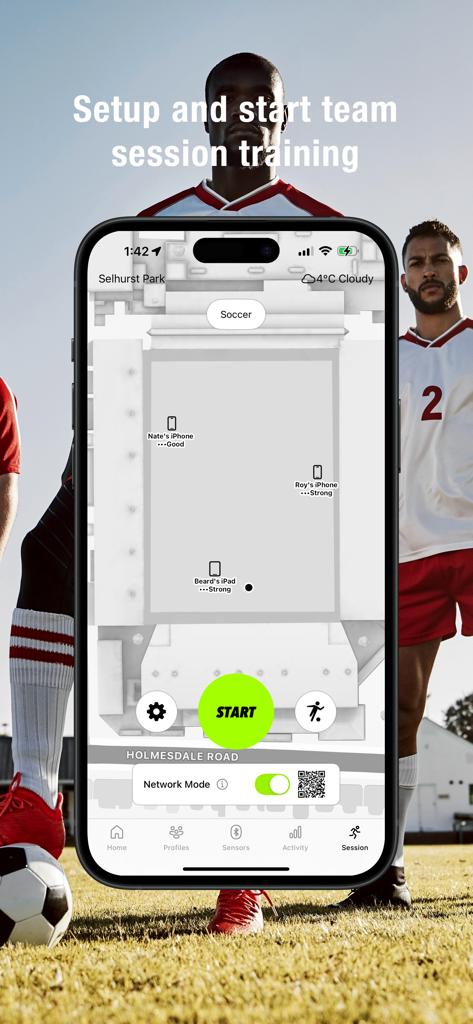Team HR - Dashboard dell'app Team HR per avviare una sessione di allenamento di calcio con dispositivi di rete su una mappa del campo