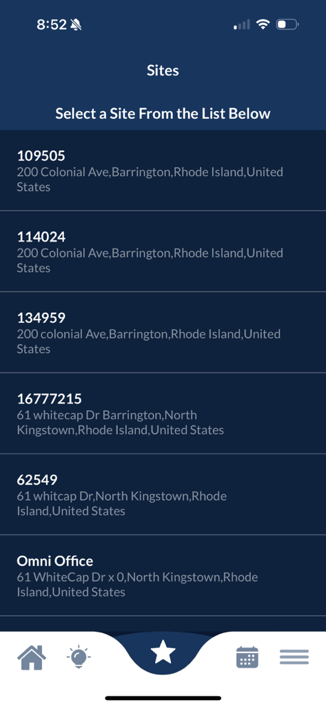 OmniLogic - OmniLogic app interface showing a list of managed pool sites with addresses and site IDs for user selection