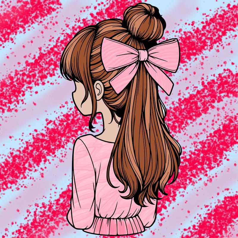 realistic girl  with hip length hair a bun and a big bow on the back of head