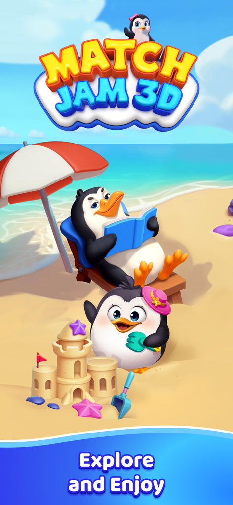 Match Jam 3D - Three cute penguins relaxing on a sunny beach and building a sandcastle