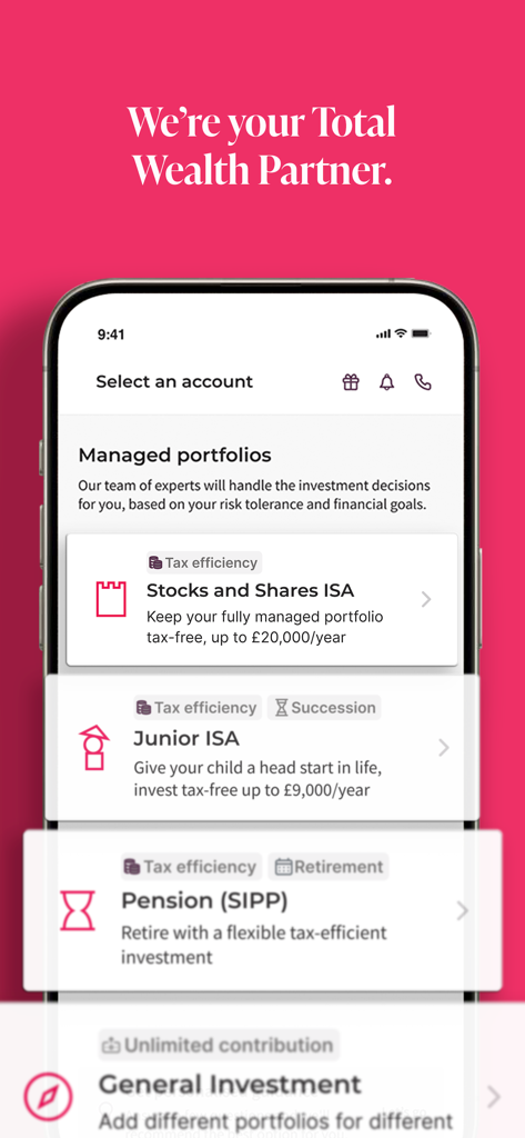 Moneyfarm: Investing & Saving - Benutzeroberfläche der mobilen Moneyfarm-App zur Auswahl verwalteter Anlagekonten wie ISA und SIPP