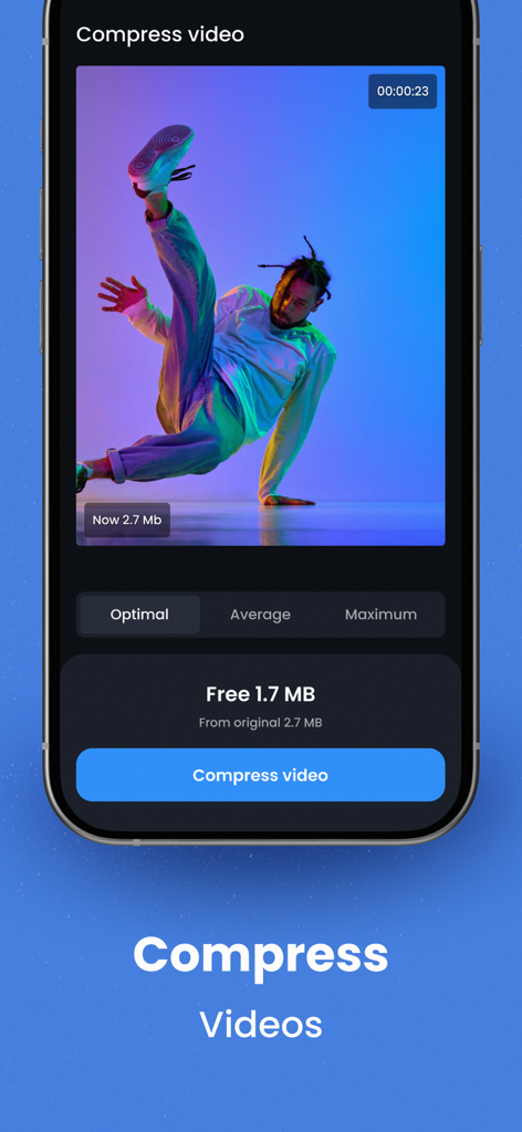 Free Up Storage - Cleanup Guru - Écran de smartphone montrant une interface de compression vidéo avec des options pour des économies de stockage optimales, moyennes et maximales.
