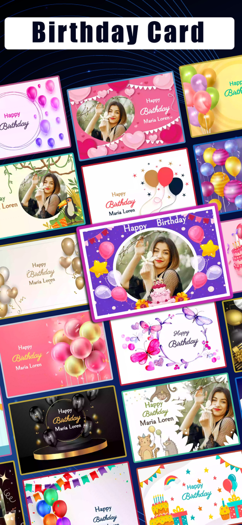 写真アップロードオプション付きの、様々なカラフルな誕生日招待状テンプレート