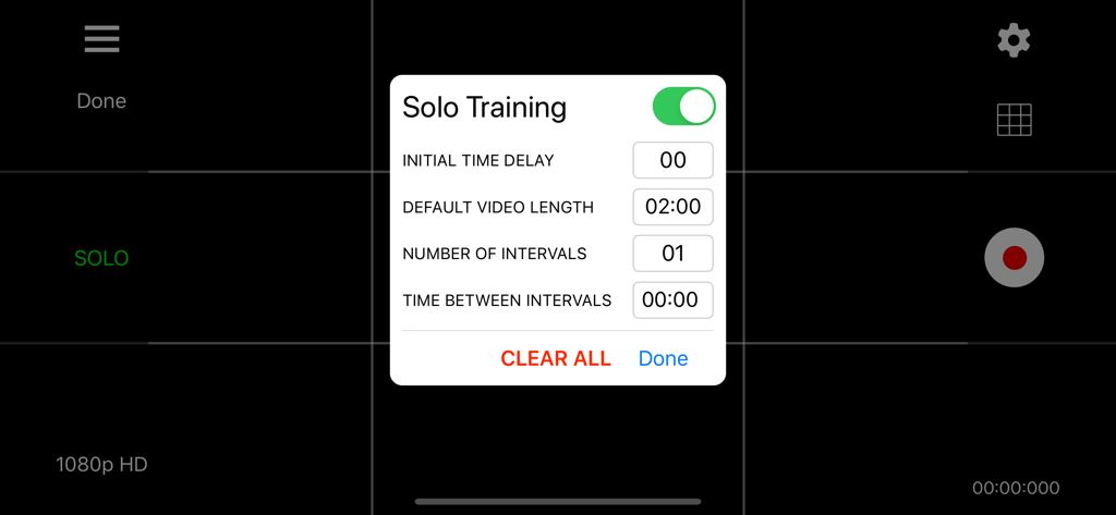 Video Stopwatch SC - Solo Training settings menu in Video Stopwatch SC app showing interval and delay options