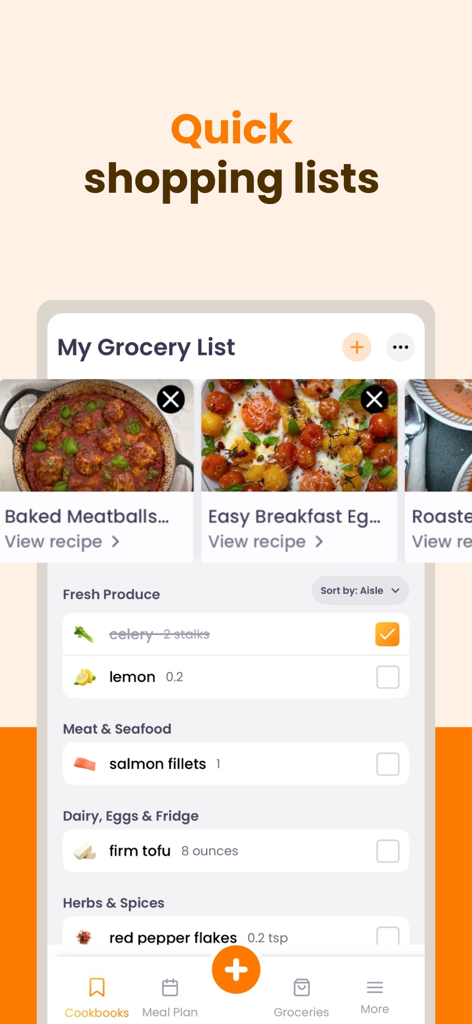 ReciMe: Recipes & Meal Planner - ReciMeアプリのインターフェース。スーパーマーケットの通路別に整理された買い物リストが表示されています。