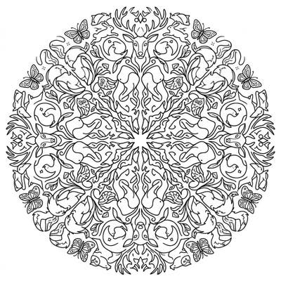 Immerse yourself in a captivating world of symmetrical wildlife with this intricate kaleidoscope animals coloring page. Discover a stunning array of deer, rabbits, foxes, owls, and butterflies woven into a beautiful mandala design, ready for your creative touch.
