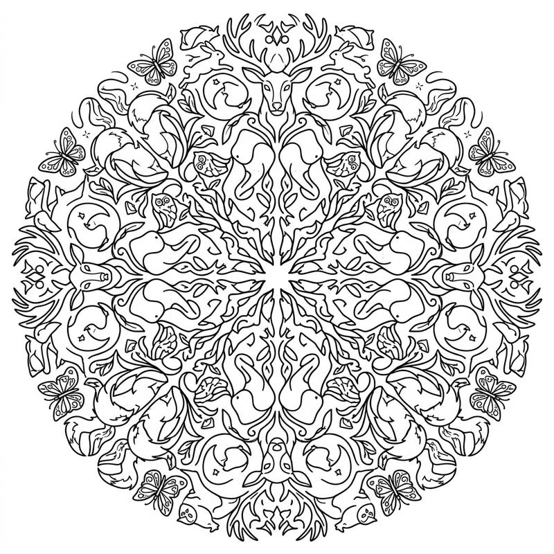 Immerse yourself in a captivating world of symmetrical wildlife with this intricate kaleidoscope animals coloring page. Discover a stunning array of deer, rabbits, foxes, owls, and butterflies woven into a beautiful mandala design, ready for your creative touch.