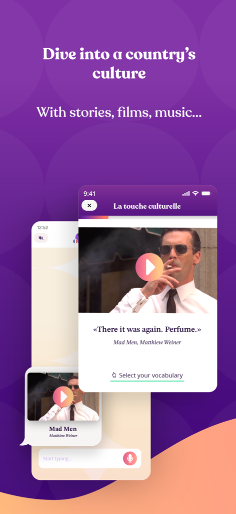 Aimigo Language Coach - Aimigo App-Oberfläche, die eine Kulturlektion mit einer Szene und einem Zitat aus der Show Mad Men zeigt