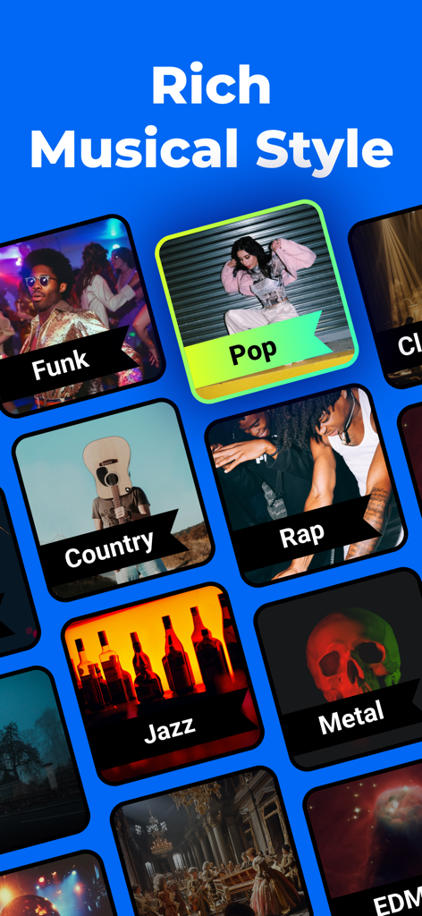 AI Music Generator AI Songs - A selection of musical styles including Pop Rap and Jazz within the AI music generator app