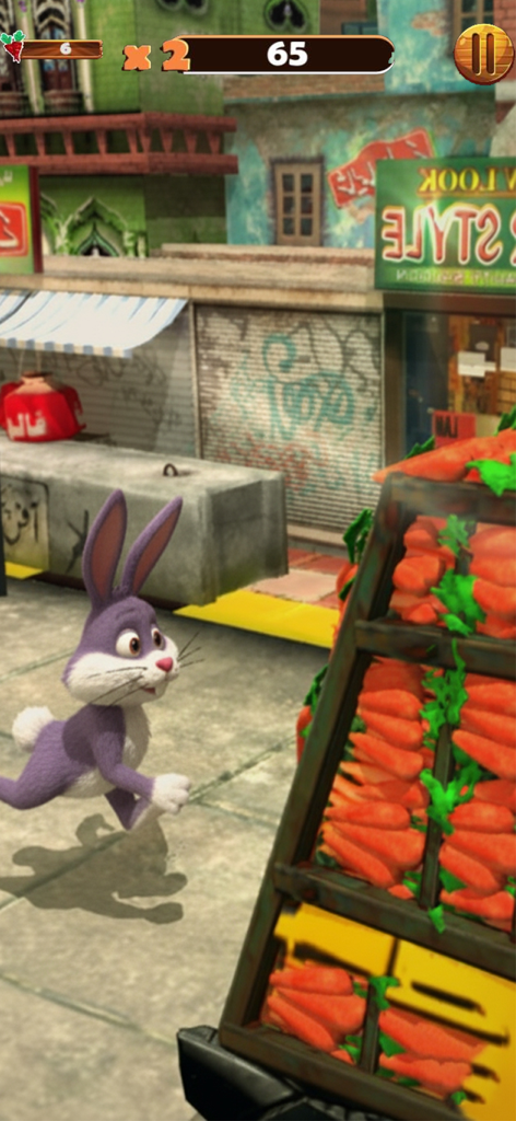 Bunny Street Runner Dash 3D - Purple bunny character running past a carrot stall in a vibrant street runner game.