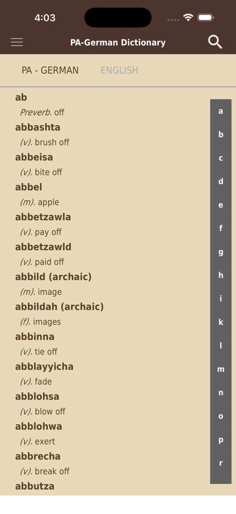 PA-German Dictionary - Liste de mots Pennsylvanie German vers Anglais avec traductions