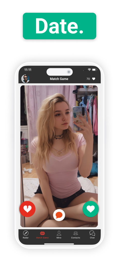 Interface of the yoomee dating app showing the Match Game feature with a user profile and interaction buttons