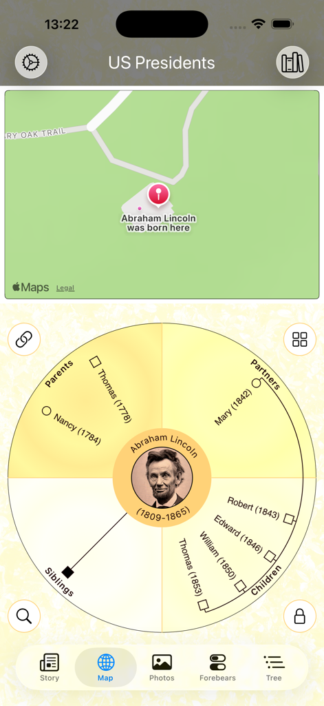 Forebears App-Oberfläche, die Abraham Lincolns Familienstammbaum und Geburtsortkarte anzeigt.