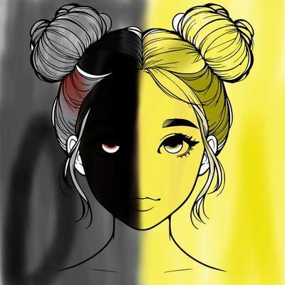 realistic girl with two buns on top of her head