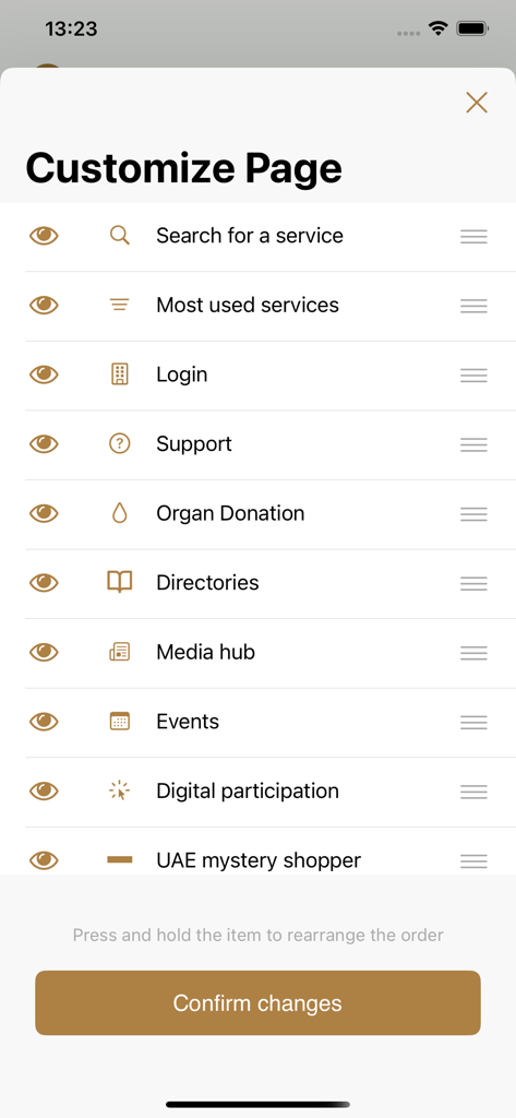 MOHAP - Interface of the MOHAP app showing the Customize Page feature for reordering and toggling service icons