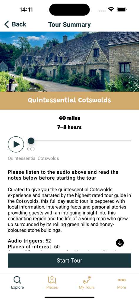 Local Compass app displaying a tour summary for the Quintessential Cotswolds with audio guide details.