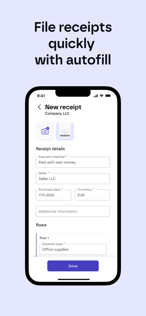 Procountor - Interfaz de la aplicación Procountor para archivar recibos con función de autocompletado