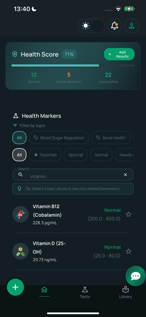 Health3: Blood Work Tracker - Health3 mobile app dashboard showing a 71 percent health score and tracked biomarker results for Vitamin B12 and Vitamin D