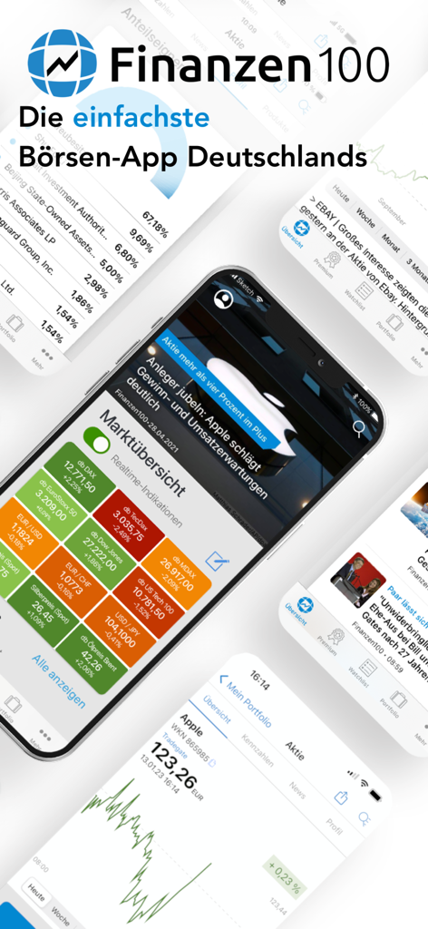 Finanzen100 - Börse & Aktien - Finanzen100 mobile app interface displaying real-time stock market quotes and financial data dashboards