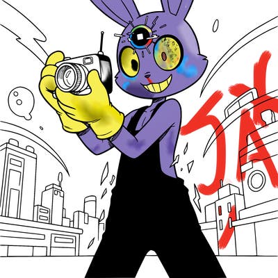 a bunny smiling with pink overalls with a eye on his forehead that’s glitching out he is tall holding the camera up to his face and looking like he is about to abstract with yellow cartoon-like gloves but he has no fur on him whatsoever and he also has these eyes that are like this 👁️but they have no pupils except for a square of black so yeah he’s from tadc and his name is jax, please make this look like him