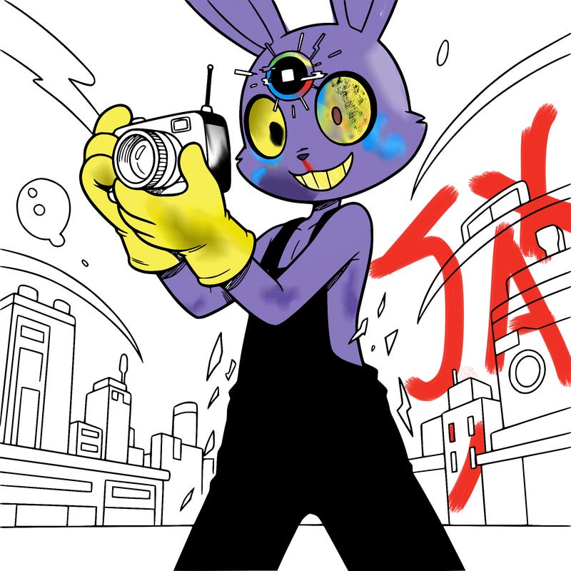 a bunny smiling with pink overalls with a eye on his forehead that’s glitching out he is tall holding the camera up to his face and looking like he is about to abstract with yellow cartoon-like gloves but he has no fur on him whatsoever and he also has these eyes that are like this 👁️but they have no pupils except for a square of black so yeah he’s from tadc and his name is jax, please make this look like him