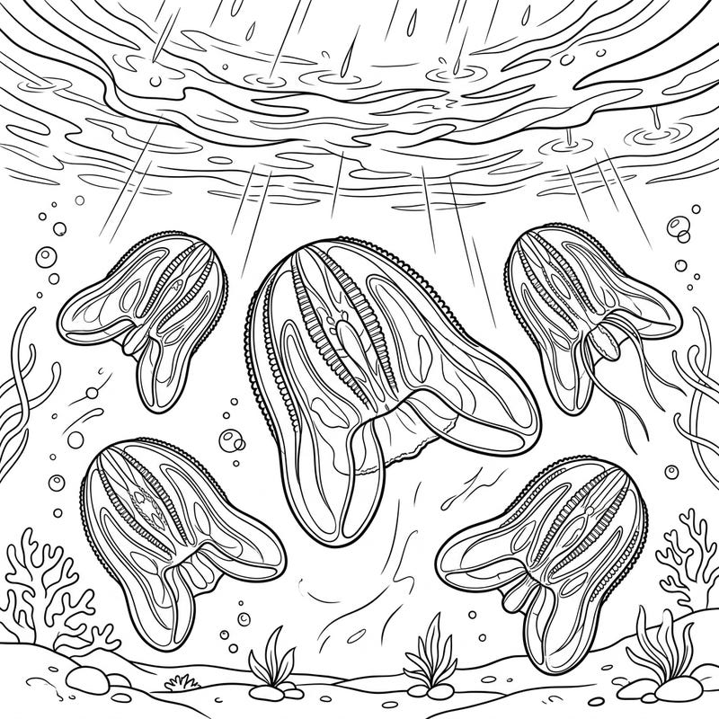 Immerse yourself in the tranquil beauty of comb jellies gliding through an atmospheric underwater world, illuminated by a gentle rainy day above. This unique coloring page offers a peaceful escape, inviting you to add vibrant hues to this captivating marine scene.