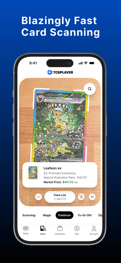 TCGplayer - TCGplayer mobile app interface scanning a Pokemon Leafeon ex card to show its real time market price