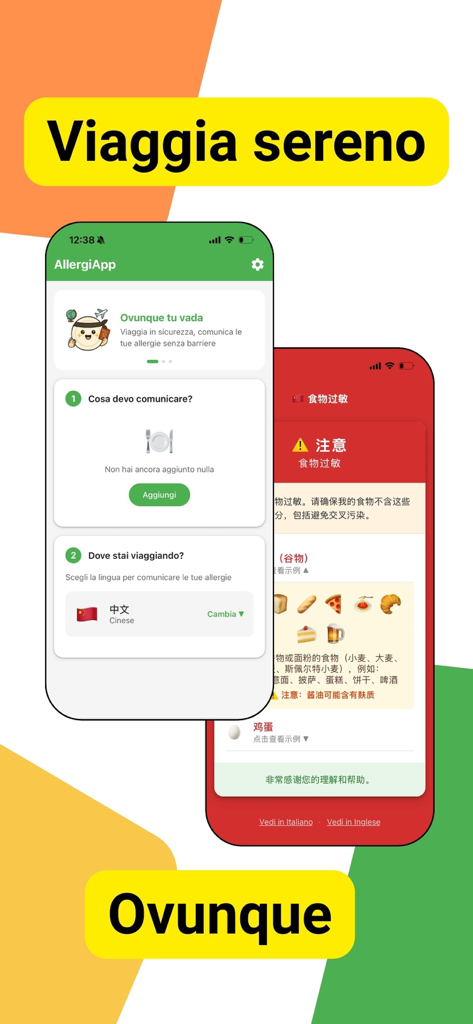 AllergiApp - Interface móvel do AllergiApp mostrando cartões de tradução de alergia alimentar para viagens internacionais