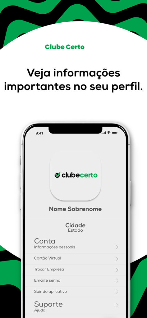 Clube Certo - Clube Certo app profile screen showing account settings and virtual card options on an iPhone.