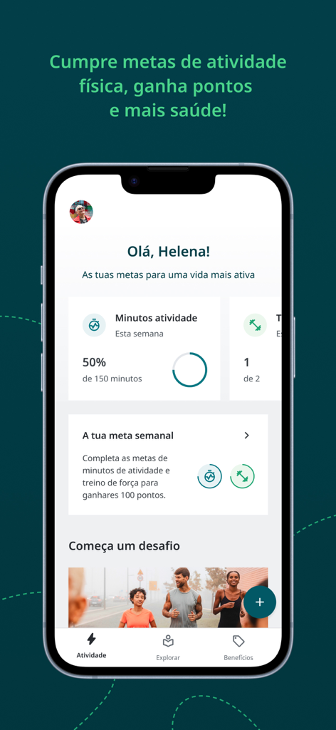 Apptiva - The Apptiva app dashboard showing a user named Helena her weekly activity minutes and progress towards fitness goals.