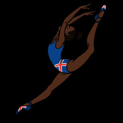gymnast doing a leap in a leotard with a bent back leg