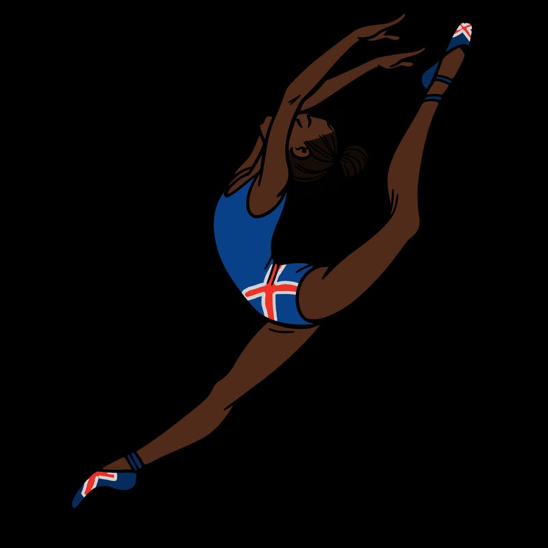 gymnast doing a leap in a leotard with a bent back leg