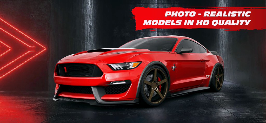 A photorealistic red Ford Mustang model in high definition within the 3DTuning car simulator app