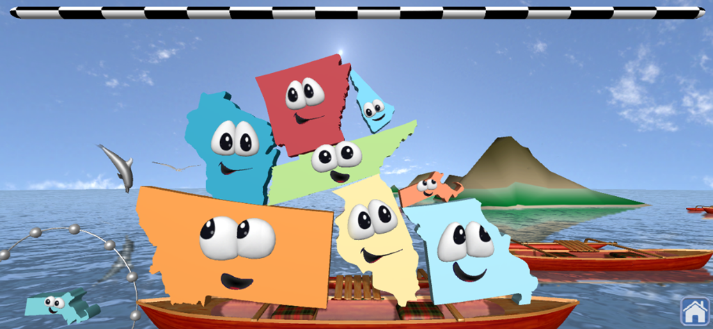 Animated US state characters being stacked in a boat to reach a finish line