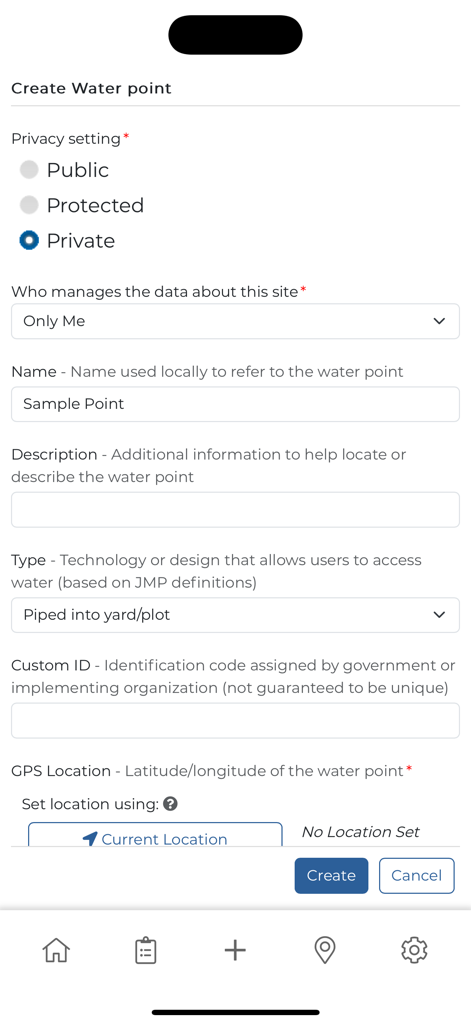 mWater Surveyor - mWater Surveyor mobile app screen showing the Create Water point form with fields for privacy settings name and GPS location