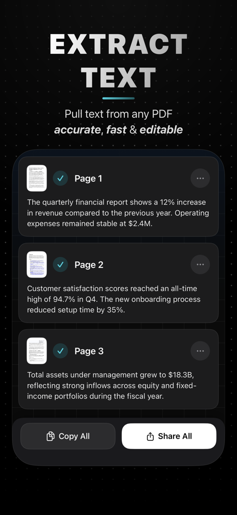 PDFWelder – PDF Merger - PDFWelderアプリのインターフェイスには、OCRテクノロジーを使用したPDFからテキストを抽出する機能が表示されています