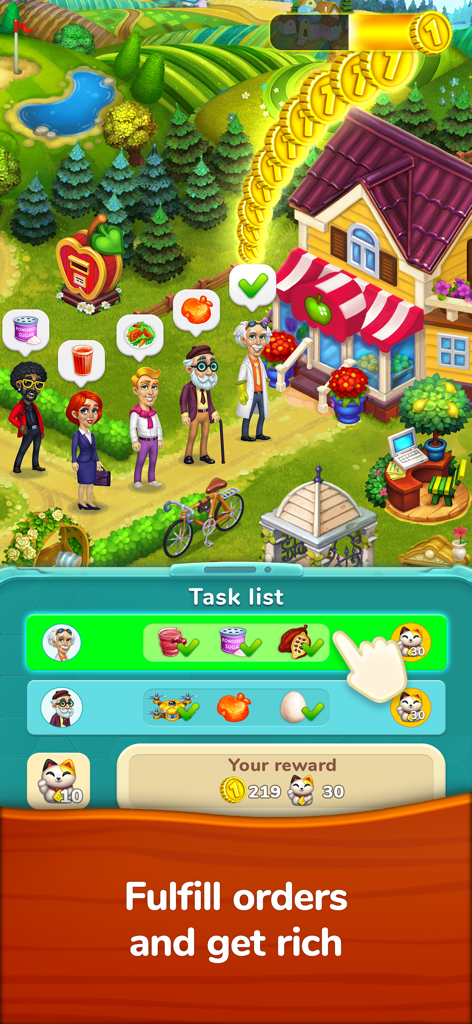 Farmington – Farm game - Una captura de pantalla del juego Farmington que muestra personajes haciendo cola en una tienda de la granja y una interfaz de lista de tareas que muestra el progreso de los pedidos y las recompensas en monedas