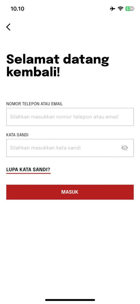 Optik Melawai - Tela de login do aplicativo móvel Optik Melawai com texto em indonésio para os campos de telefone, e-mail e senha.