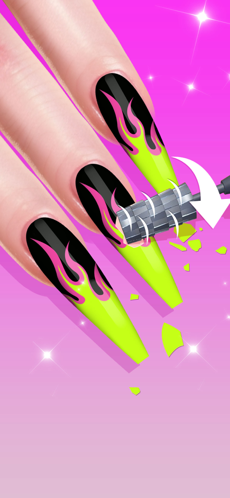 Nail Salon - Girl Art Game - 매니큐어 게임에서 녹색과 핑크색 불꽃 아트가 있는 긴 스틸레토 네일에 전기 네일 드릴 사용
