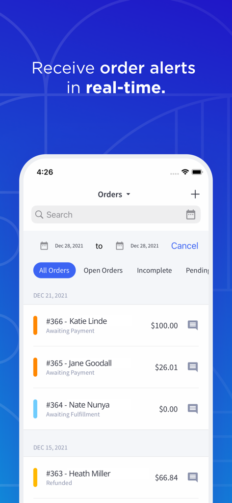Screenshot dell'app mobile BigCommerce che mostra un elenco di ordini clienti recenti e avvisi in tempo reale