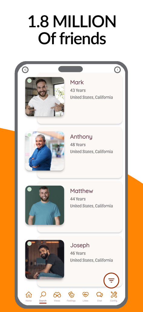 Plus40 - dating and chat. - Screenshot of Plus40 dating app showing search results for mature singles in California.