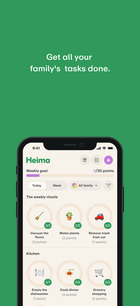 Heima - Chores Tracker - Heima Chores Tracker mobile app interface displaying weekly ritual tasks and point system for family organization.